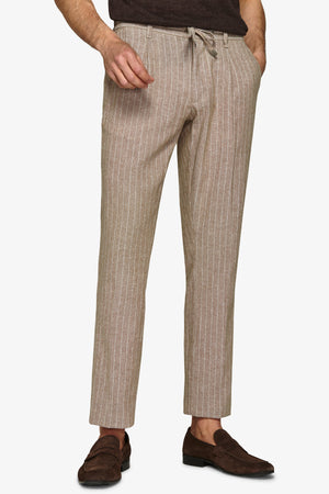 Beige pinstriped linen blend drawstring trousers