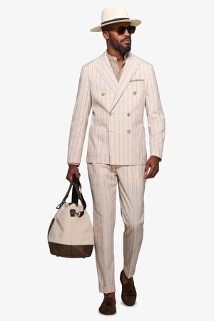 Cream melange pinstripe double-breasted suit blazer