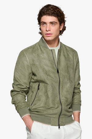 Green perforated ecosuede bomber jacket