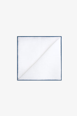 White pocket square with blue contrasting border