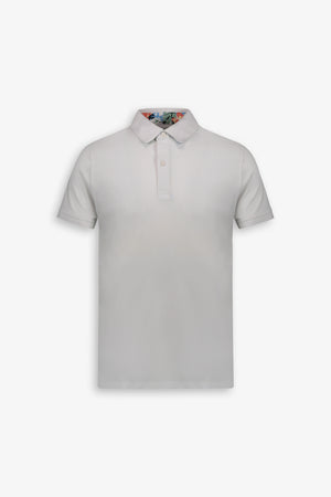 White yarn-dyed floral under collar polo shirt