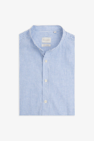 Light blue thin stripes band collar shirt