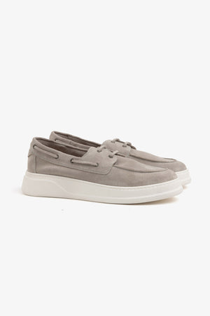 Light gray suede boat shoes