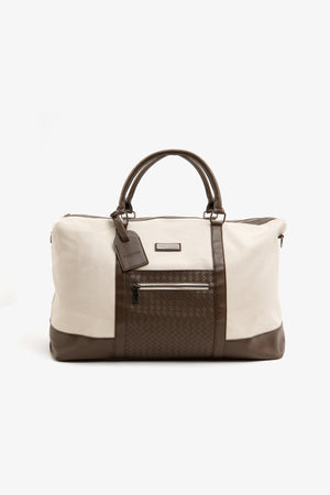 Cream canvas duffel bag with weave details