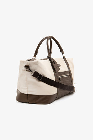 Cream canvas duffel bag with weave details