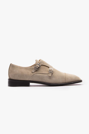 Taupe suede double-buckle shoe