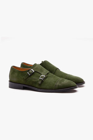 Green suede double-buckle shoes