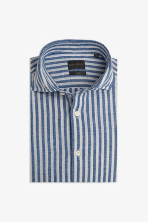 Light blue linen blend striped slim shirt