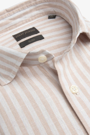 Beige striped linen blend slim shirt